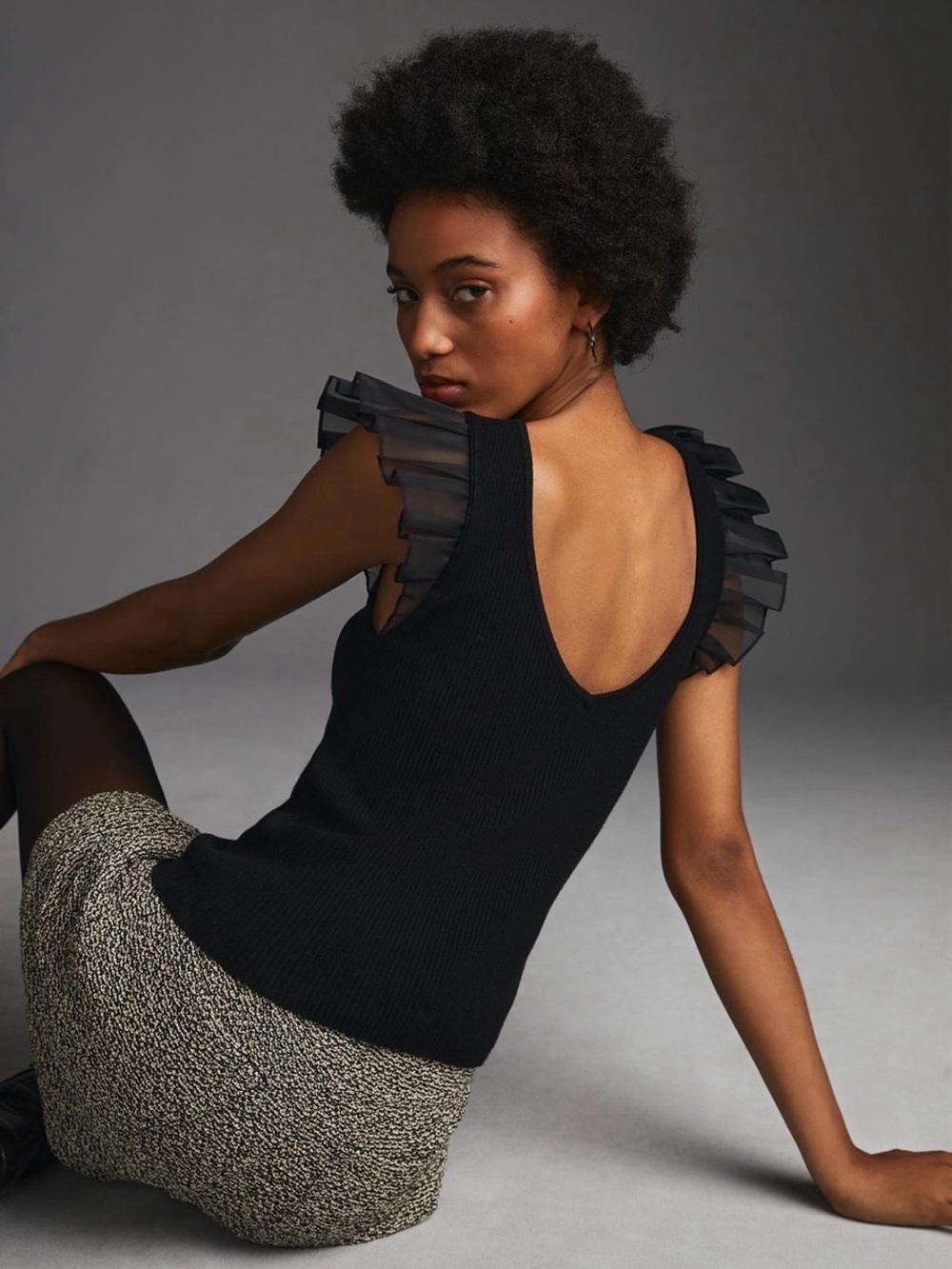 Anthropologie Black Ruffled-Sleeve Knit Tank - Picture 2 of 8